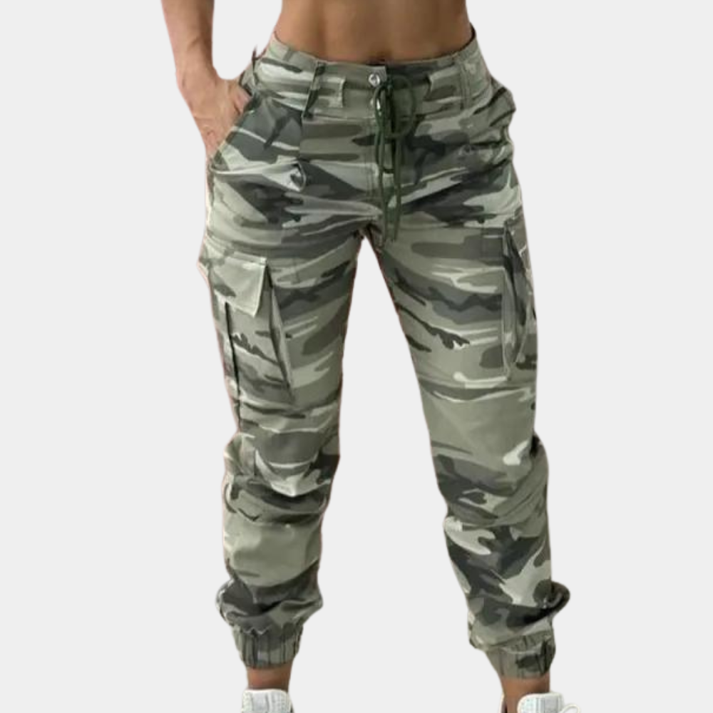 Elegant women's cargo trousers in an attractive camouflage pattern