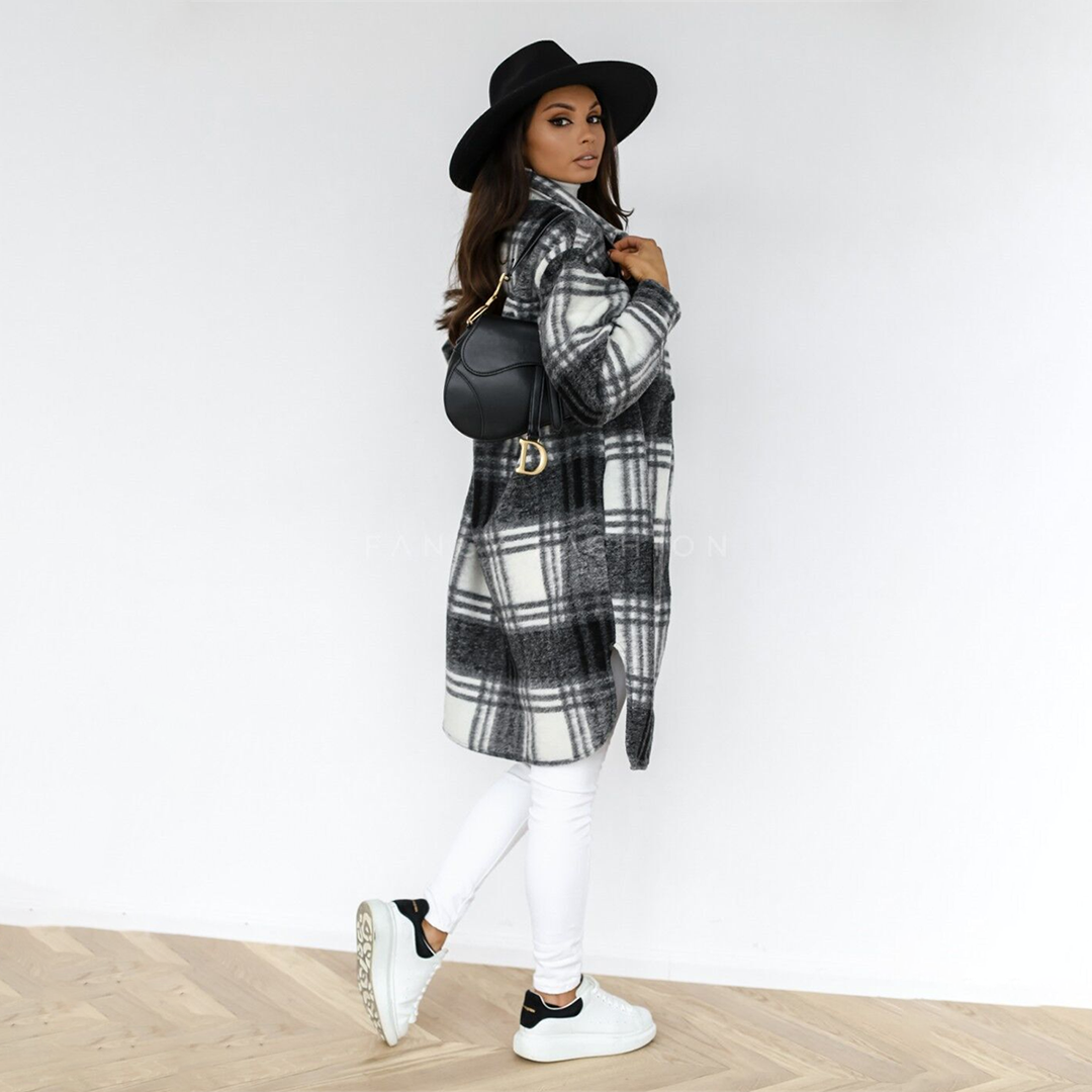 Elegant women's long jacket in fashionable check - AOIFE