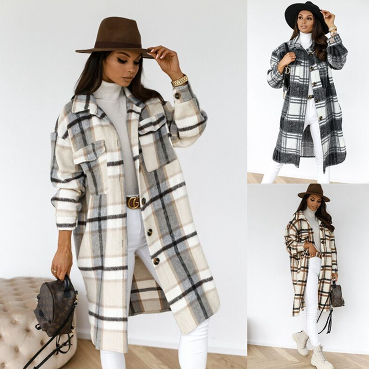 Elegant women's long jacket in fashionable check - AOIFE