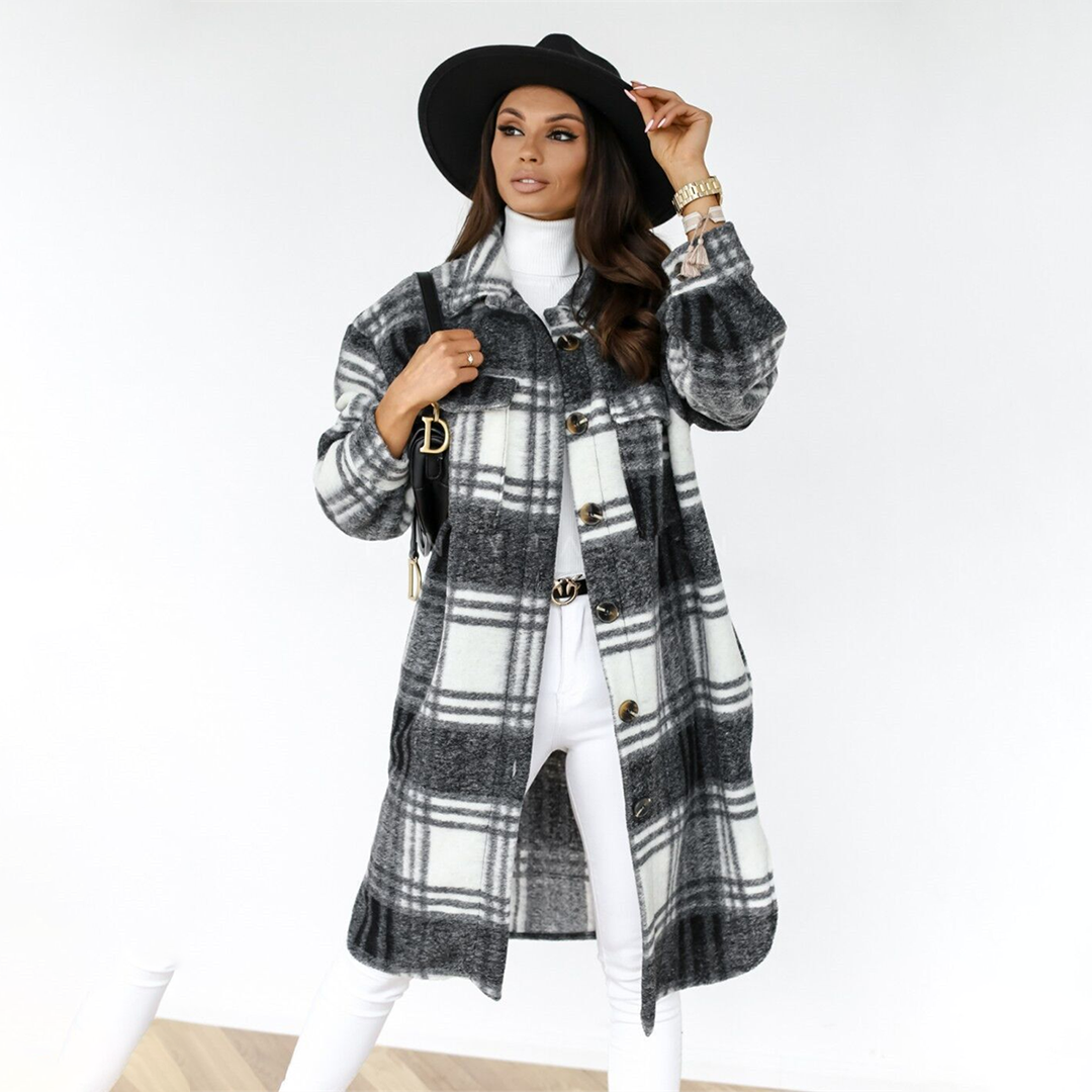 Elegant women's long jacket in fashionable check - AOIFE