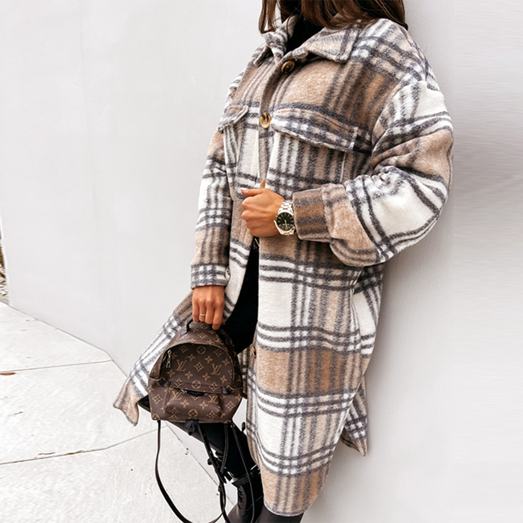 Elegant women's long jacket in fashionable check - AOIFE