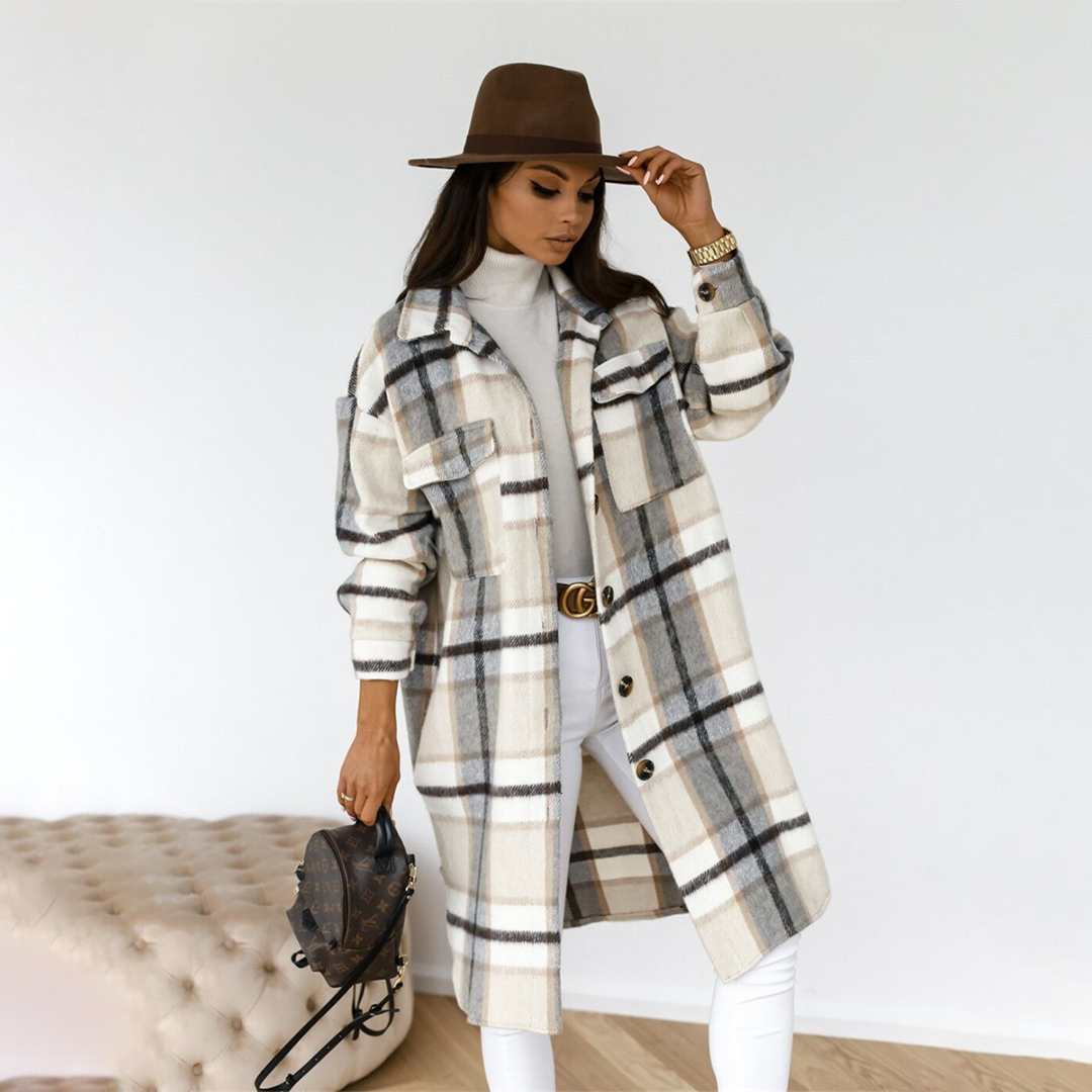 Elegant women's long jacket in fashionable check - AOIFE