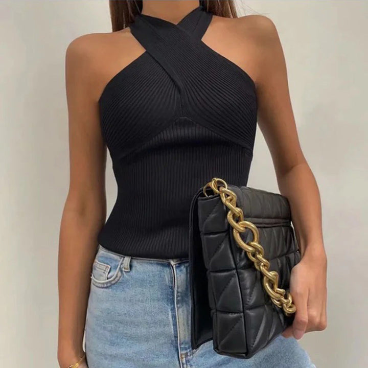 Stylish WAVERLY top with subtle criss-crossing straps for an elegant chic look
