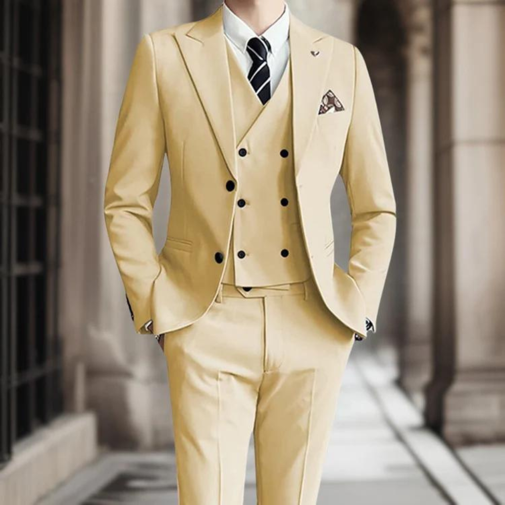 Patrik's elegant three-piece suit provides a sophisticated look