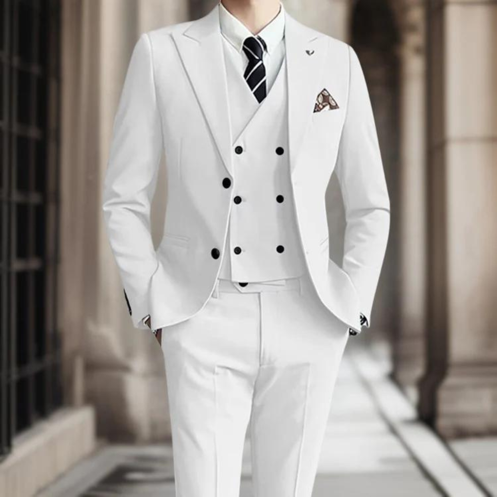 Patrik's elegant three-piece suit provides a sophisticated look